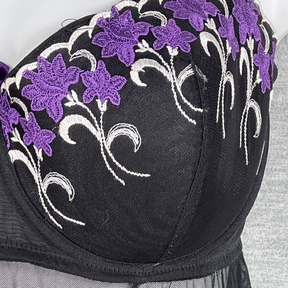 Cacique Womens 22-24 Babydoll Lingerie Black Purple Floral Embroidered Bows Sexy - Picture 11 of 11